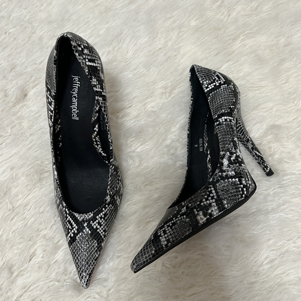 Jeffrey Campbell Black and Gray Snake Print Heels